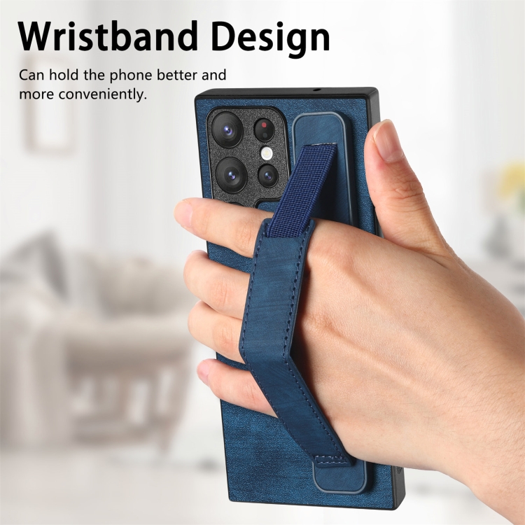 For Samsung Galaxy S23 Ultra 5G Retro Wristband Holder Leather Back Phone Case(Blue) For Samsung Galaxy S23 Ultra 5G Retro Wristband Holder Leather Back Phone Case(Blue)