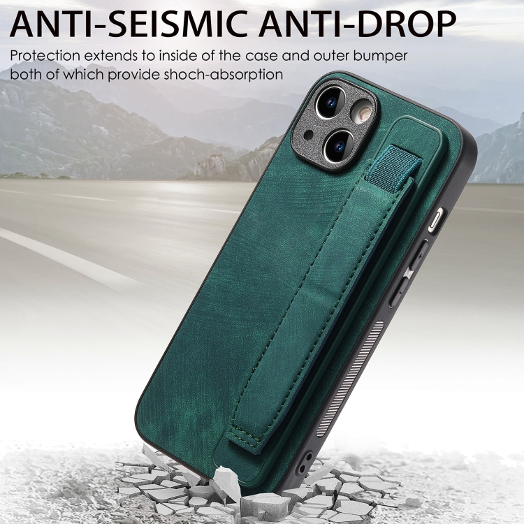 For iPhone 14 Plus Retro Wristband Holder Leather Back Phone Case(Green) For iPhone 14 Plus Retro Wristband Holder Leather Back Phone Case(Green)