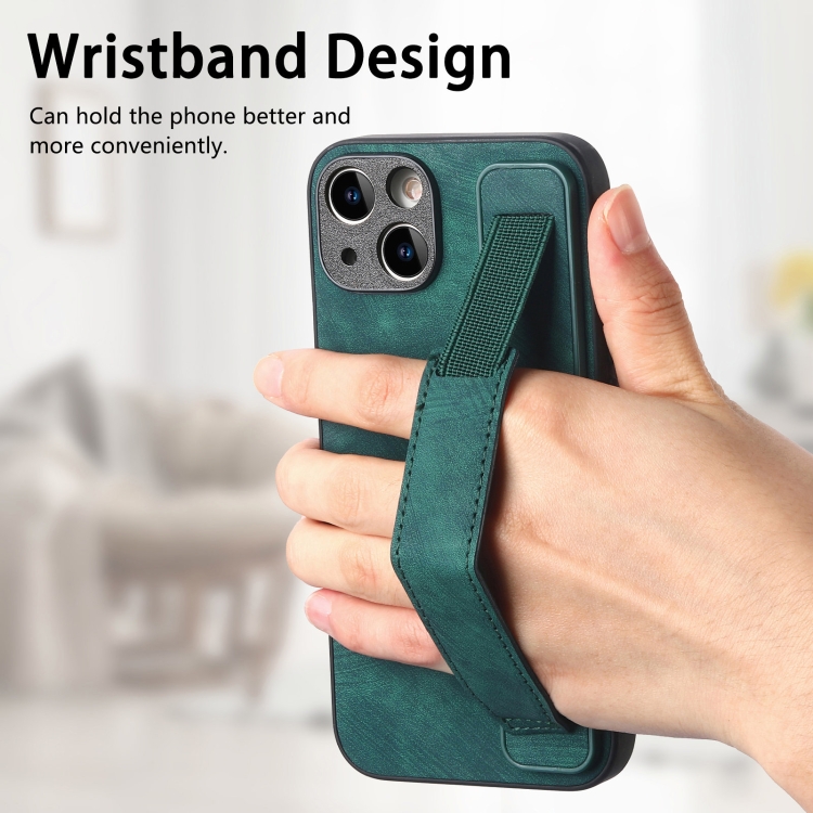 For iPhone 14 Plus Retro Wristband Holder Leather Back Phone Case(Green) For iPhone 14 Plus Retro Wristband Holder Leather Back Phone Case(Green)