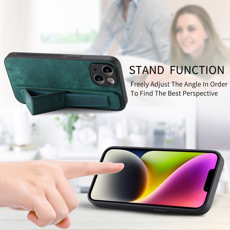 For iPhone 14 Plus Retro Wristband Holder Leather Back Phone Case(Green) For iPhone 14 Plus Retro Wristband Holder Leather Back Phone Case(Green)