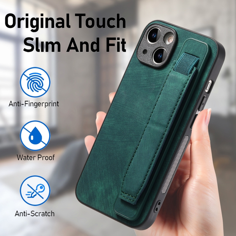 For iPhone 14 Plus Retro Wristband Holder Leather Back Phone Case(Green) For iPhone 14 Plus Retro Wristband Holder Leather Back Phone Case(Green)