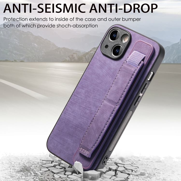 For iPhone 14 Retro Wristband Holder Leather Back Phone Case(Purple) For iPhone 14 Retro Wristband Holder Leather Back Phone Case(Purple)