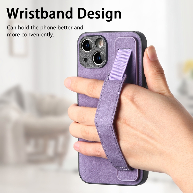 For iPhone 14 Retro Wristband Holder Leather Back Phone Case(Purple) For iPhone 14 Retro Wristband Holder Leather Back Phone Case(Purple)