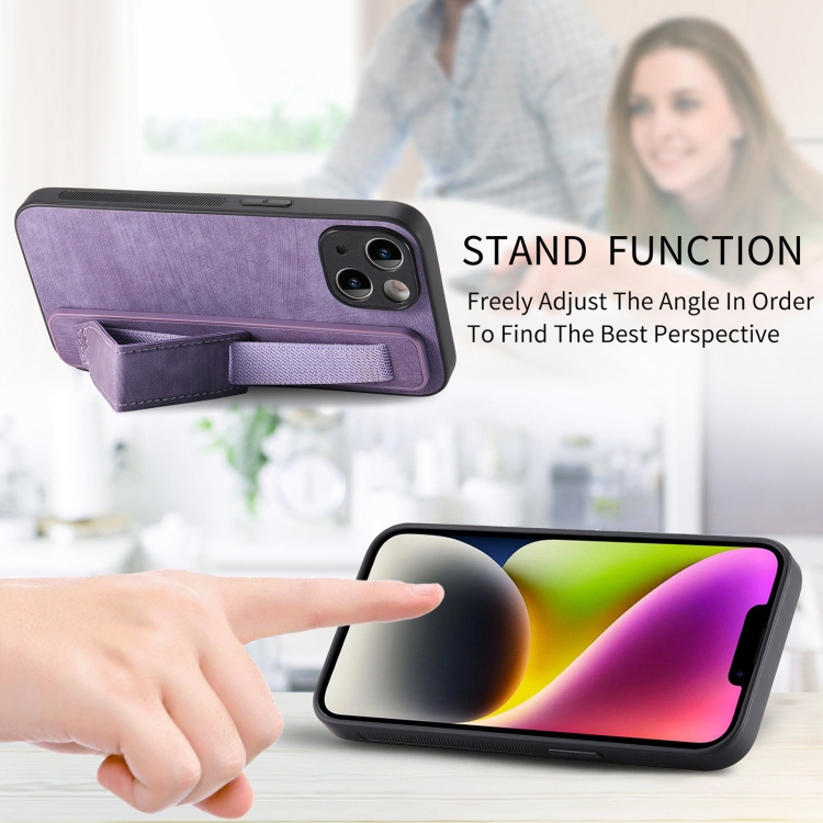 For iPhone 14 Retro Wristband Holder Leather Back Phone Case(Purple) For iPhone 14 Retro Wristband Holder Leather Back Phone Case(Purple)