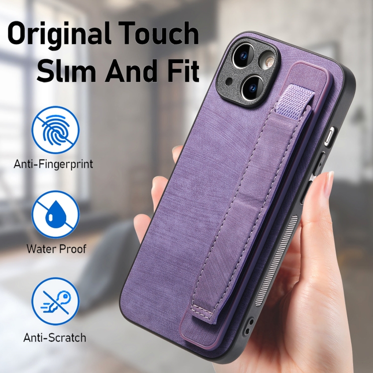 For iPhone 14 Retro Wristband Holder Leather Back Phone Case(Purple) For iPhone 14 Retro Wristband Holder Leather Back Phone Case(Purple)