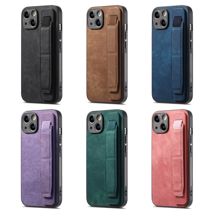 For iPhone 14 Retro Wristband Holder Leather Back Phone Case(Purple) For iPhone 14 Retro Wristband Holder Leather Back Phone Case(Purple)
