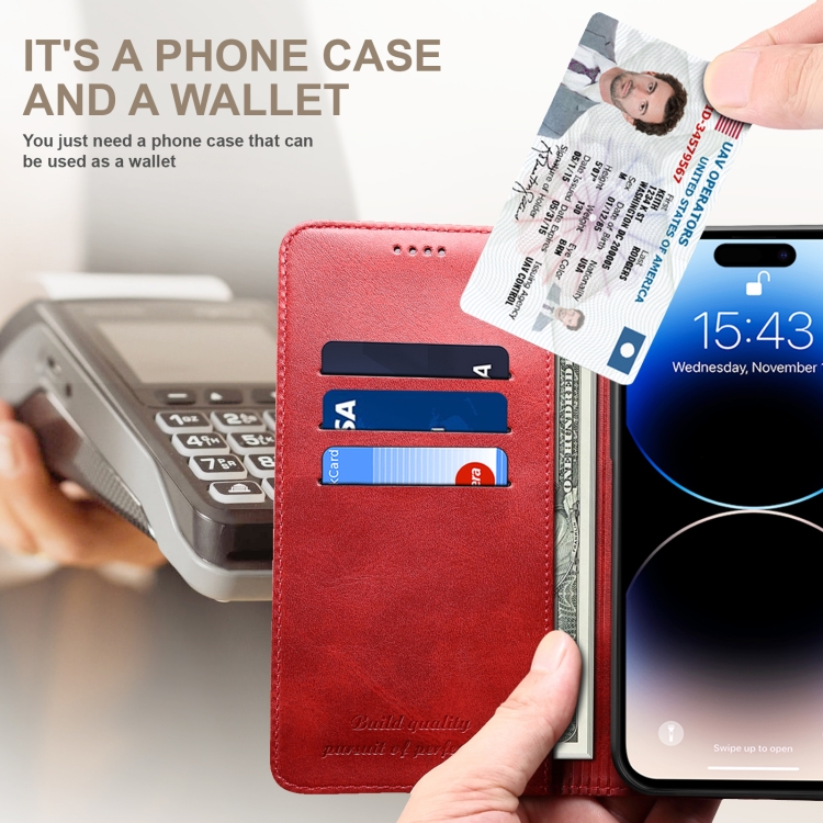 For iPhone 16 Suteni Calf Texture Horizontal Flip Leather Phone Case(Red) For iPhone 16 Suteni Calf Texture Horizontal Flip Leather Phone Case(Red)