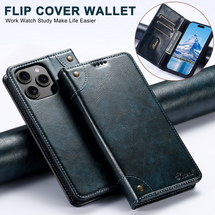 For iPhone 16 Suteni Baroque Calf Texture Buckle Wallet Leather Phone Case(Blue) For iPhone 16 Suteni Baroque Calf Texture Buckle Wallet Leather Phone Case(Blue)