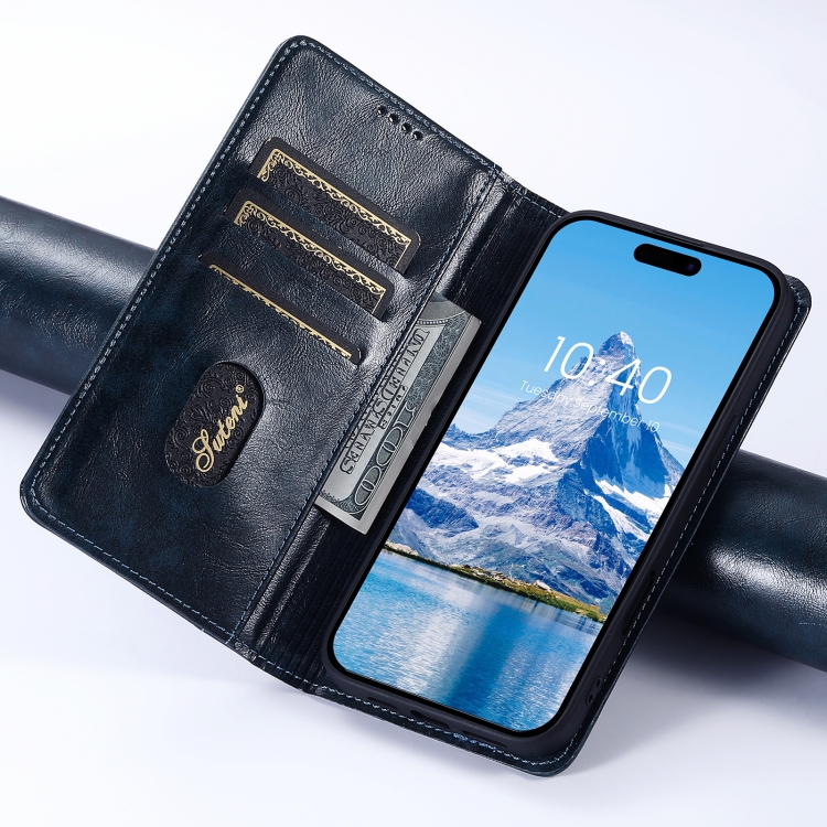 For iPhone 16 Suteni Baroque Calf Texture Buckle Wallet Leather Phone Case(Blue) For iPhone 16 Suteni Baroque Calf Texture Buckle Wallet Leather Phone Case(Blue)