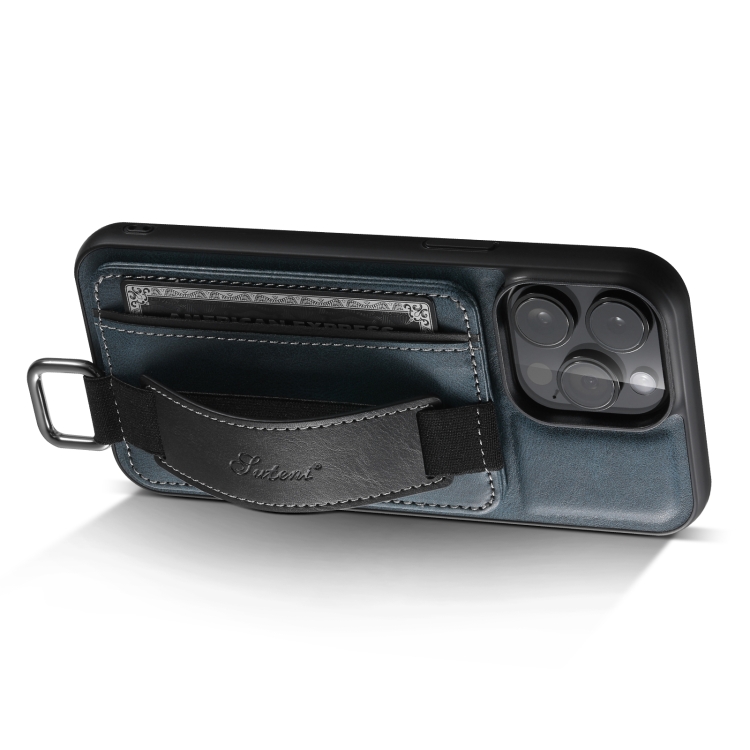 For iPhone 15 Pro Max Suteni H13 Card Wallet Wrist Strap Holder PU Phone Case(Blue) - 1