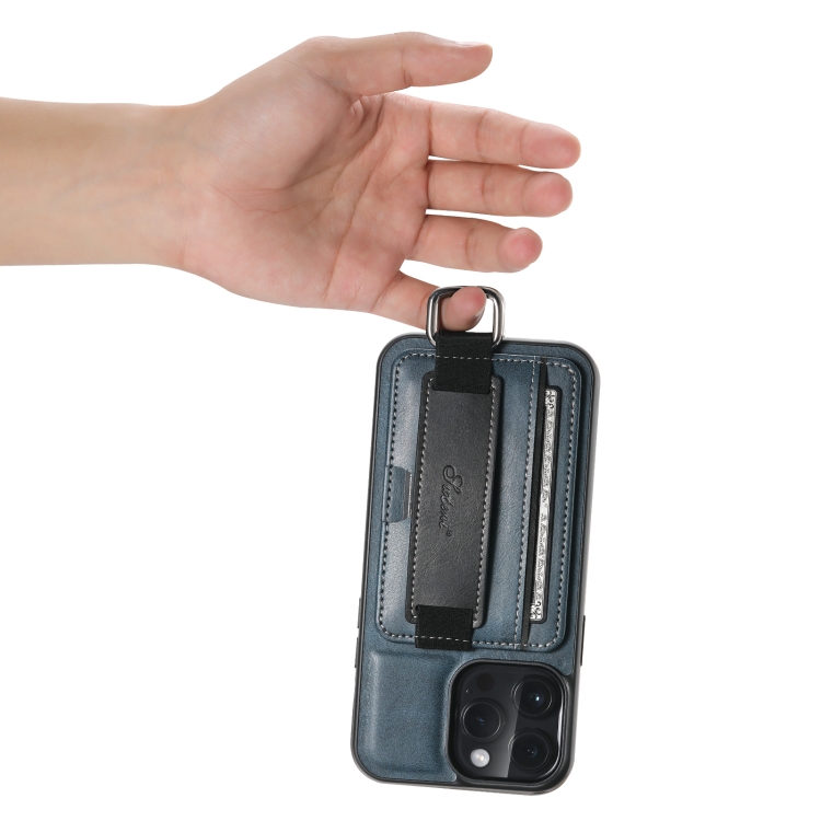 For iPhone 15 Pro Max Suteni H13 Card Wallet Wrist Strap Holder PU Phone Case(Blue) - 2
