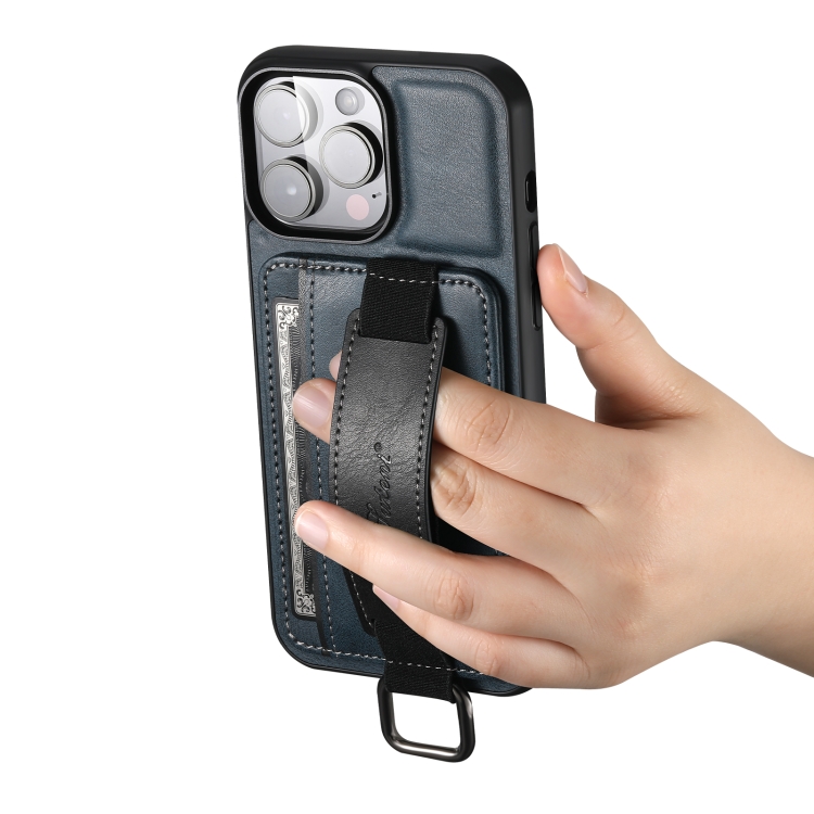 For iPhone 15 Pro Max Suteni H13 Card Wallet Wrist Strap Holder PU Phone Case(Blue) - 3