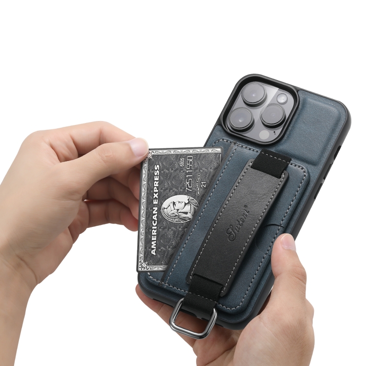 For iPhone 15 Pro Max Suteni H13 Card Wallet Wrist Strap Holder PU Phone Case(Blue) - 4