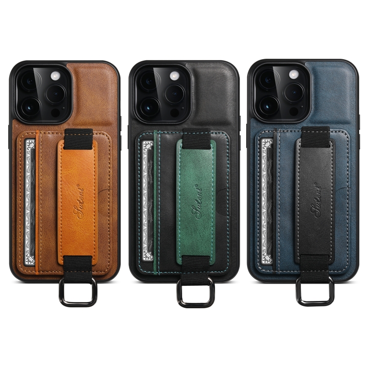 For iPhone 15 Pro Max Suteni H13 Card Wallet Wrist Strap Holder PU Phone Case(Blue) - 5