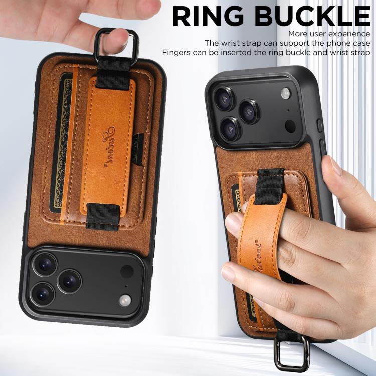 For iPhone 17 Pro Max Suteni H13 Card Wallet Wrist Strap Holder PU Phone Case(Brown)