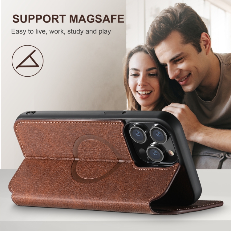 For iPhone 16 Suteni J06 Retro Matte Litchi Texture Leather MagSafe Phone Case(Brown) For iPhone 16 Suteni J06 Retro Matte Litchi Texture Leather MagSafe Phone Case(Brown)