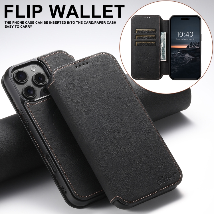 For iPhone 16 Pro Suteni J06 Retro Matte Litchi Texture Leather MagSafe Phone Case(Black)