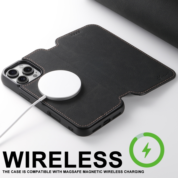 For iPhone 16 Pro Suteni J06 Retro Matte Litchi Texture Leather MagSafe Phone Case(Black)