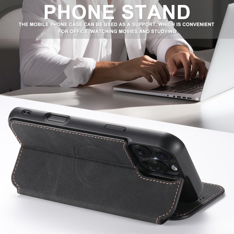 For iPhone 16 Pro Suteni J06 Retro Matte Litchi Texture Leather MagSafe Phone Case(Black)