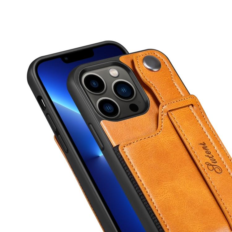 For iPhone 15 Pro Max SUTENI H12 Wrist Strap Leather Back Phone Case with Card Slot(Black) - B1