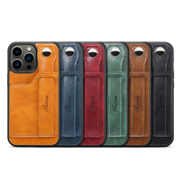 For iPhone 15 Pro Max SUTENI H12 Wrist Strap Leather Back Phone Case with Card Slot(Black) - B3
