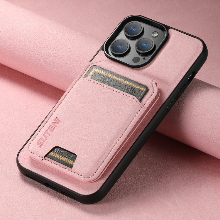 For iPhone 14 Suteni H02 Litchi Leather Card Wallet Stand Back Phone Case(Pink) - 1