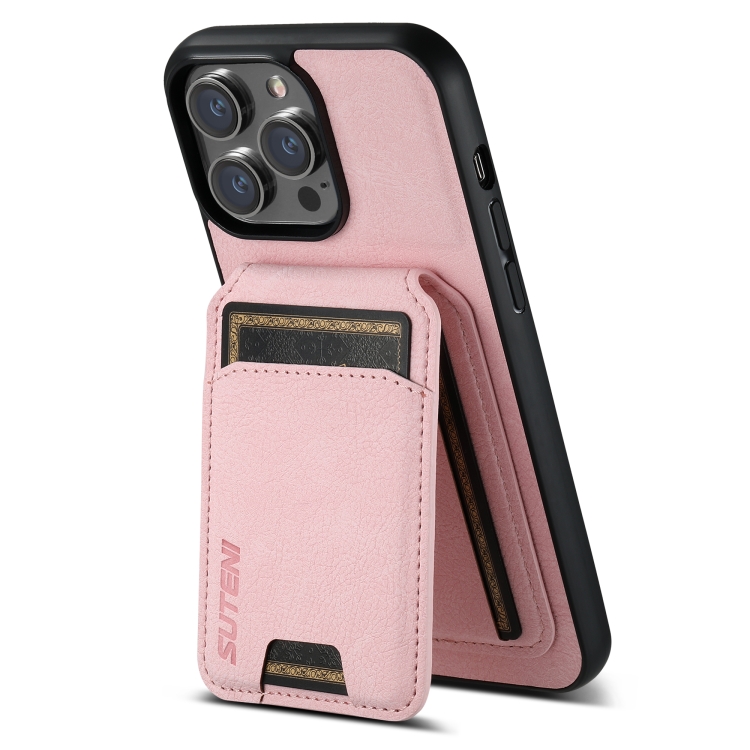 For iPhone 14 Suteni H02 Litchi Leather Card Wallet Stand Back Phone Case(Pink) - 2