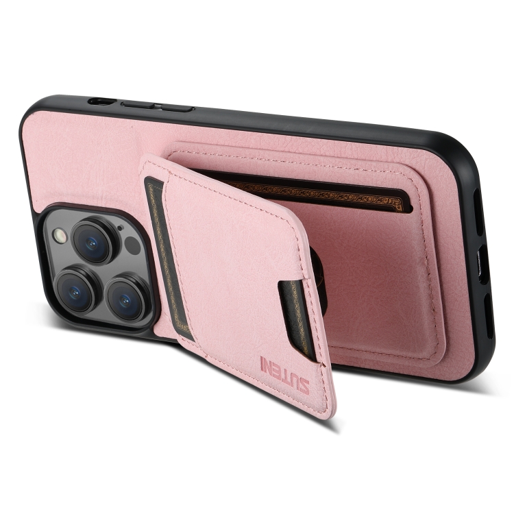 For iPhone 14 Suteni H02 Litchi Leather Card Wallet Stand Back Phone Case(Pink) - 3