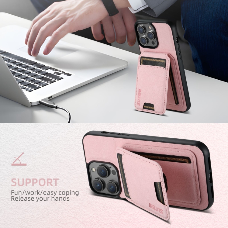For iPhone 16 Plus Suteni H02 Litchi Leather Card Wallet Stand Back Phone Case(Pink) For iPhone 16 Plus Suteni H02 Litchi Leather Card Wallet Stand Back Phone Case(Pink)