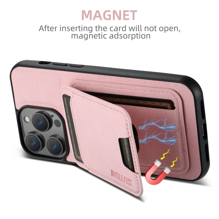 For iPhone 16 Plus Suteni H02 Litchi Leather Card Wallet Stand Back Phone Case(Pink) For iPhone 16 Plus Suteni H02 Litchi Leather Card Wallet Stand Back Phone Case(Pink)
