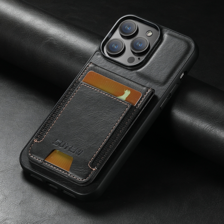 For iPhone 14 Suteni H03 Oil Wax Leather Wallet Stand Back Phone Case(Black) - 1