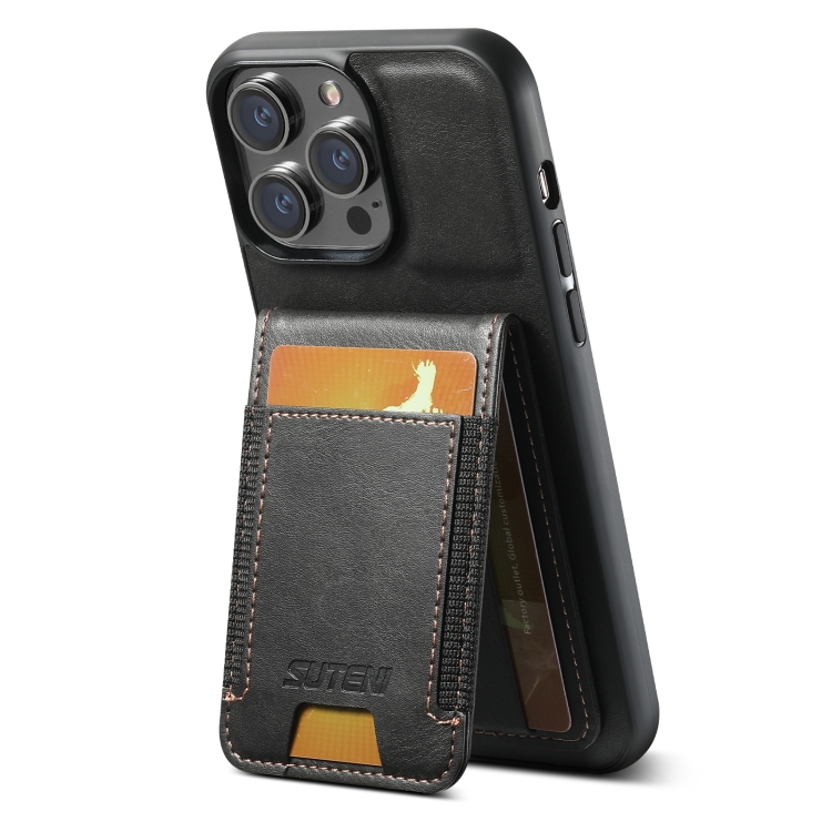 For iPhone 14 Suteni H03 Oil Wax Leather Wallet Stand Back Phone Case(Black) - 2