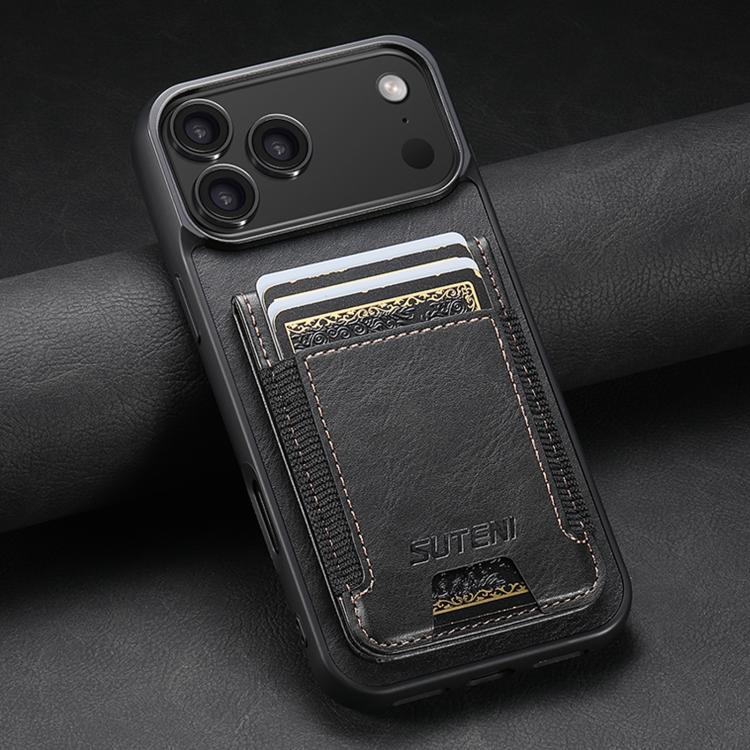 For iPhone 17 Pro Max Suteni H03 Oil Wax Leather Wallet Stand Back Phone Case(Black) - 1