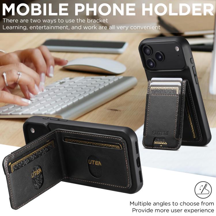 For iPhone 17 Pro Max Suteni H03 Oil Wax Leather Wallet Stand Back Phone Case(Black) - 2
