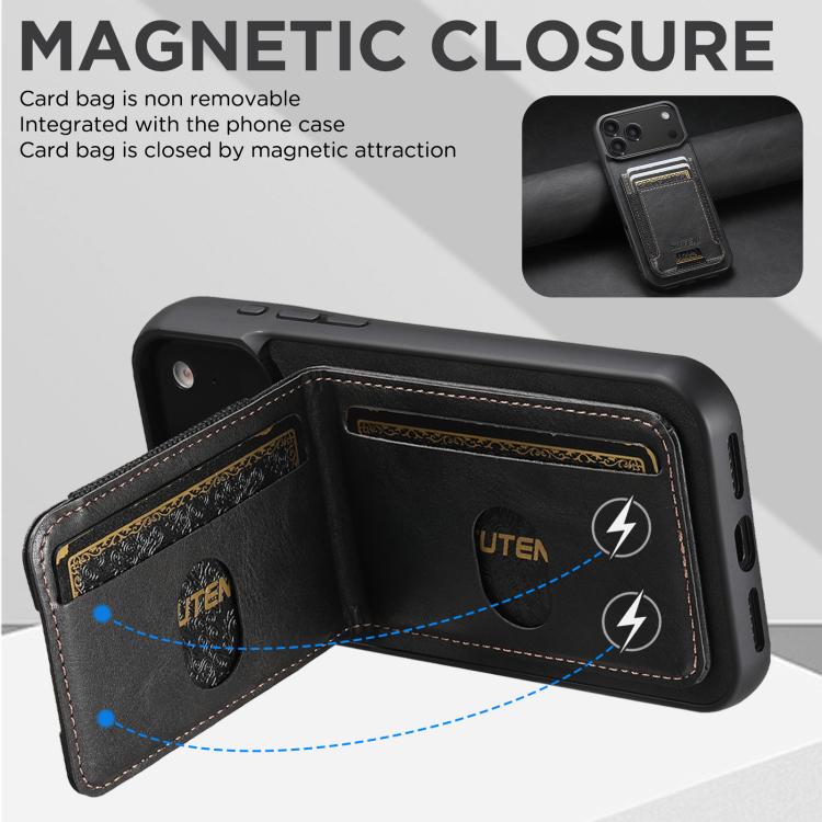 For iPhone 17 Pro Max Suteni H03 Oil Wax Leather Wallet Stand Back Phone Case(Black) - 3