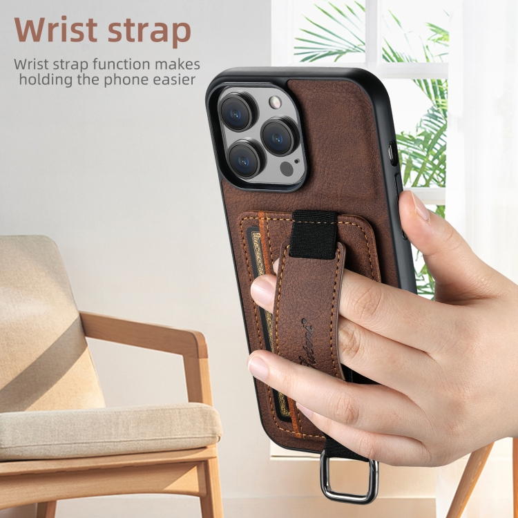 For iPhone 16 Suteni H13 Litchi Leather Wrist Strap Wallet Back Phone Case(Brown) For iPhone 16 Suteni H13 Litchi Leather Wrist Strap Wallet Back Phone Case(Brown)
