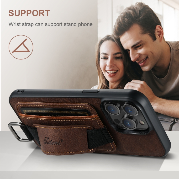 For iPhone 16 Suteni H13 Litchi Leather Wrist Strap Wallet Back Phone Case(Brown) For iPhone 16 Suteni H13 Litchi Leather Wrist Strap Wallet Back Phone Case(Brown)
