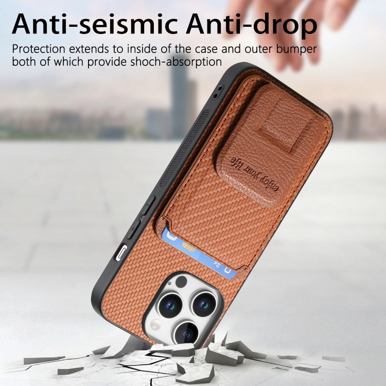 For iPhone 16 Pro Carbon Fiber Card Bag Fold Stand Phone Case(Brown) For iPhone 16 Pro Carbon Fiber Card Bag Fold Stand Phone Case(Brown)
