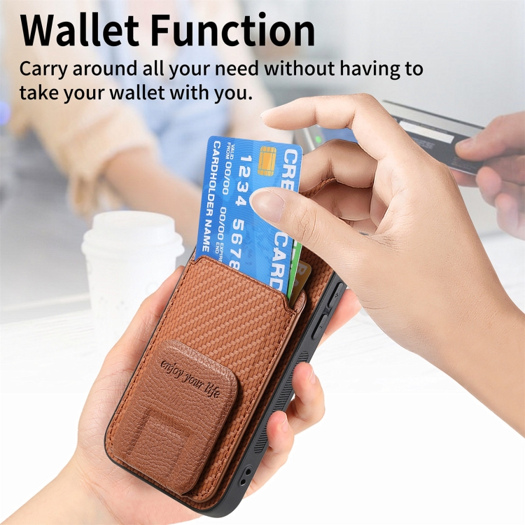 For iPhone 16 Pro Carbon Fiber Card Bag Fold Stand Phone Case(Brown) For iPhone 16 Pro Carbon Fiber Card Bag Fold Stand Phone Case(Brown)