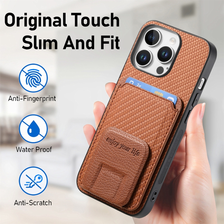 For iPhone 16 Pro Carbon Fiber Card Bag Fold Stand Phone Case(Brown) For iPhone 16 Pro Carbon Fiber Card Bag Fold Stand Phone Case(Brown)