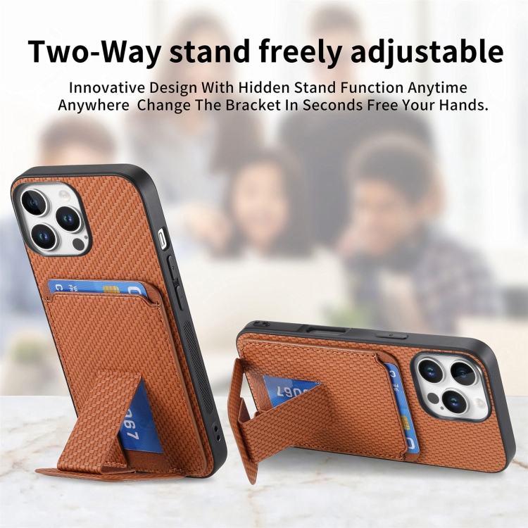 For iPhone 16 Pro Carbon Fiber Card Bag Fold Stand Phone Case(Brown) For iPhone 16 Pro Carbon Fiber Card Bag Fold Stand Phone Case(Brown)