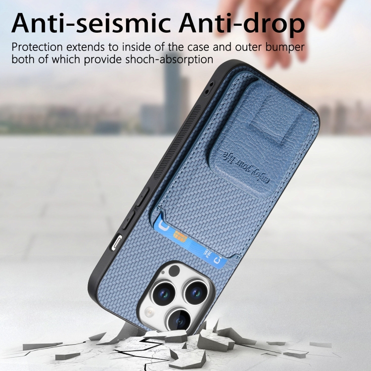 For iPhone 16 Pro Max Carbon Fiber Card Bag Fold Stand Phone Case(Blue)