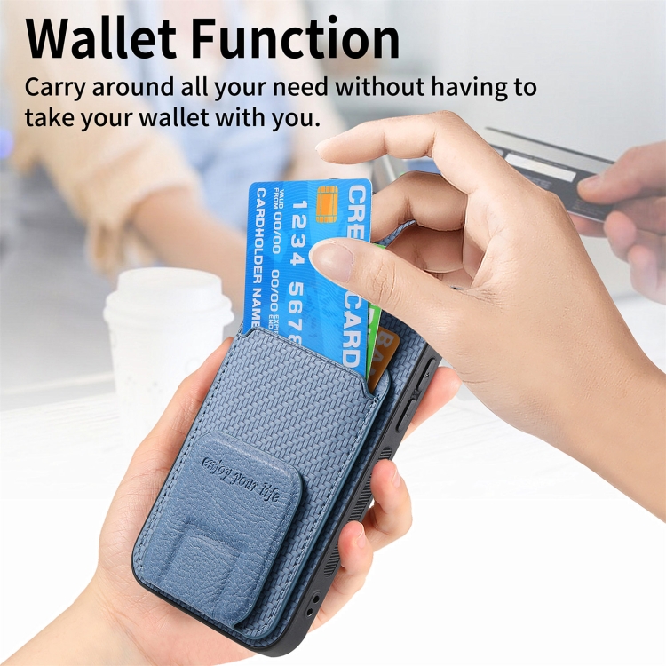 For iPhone 16 Pro Max Carbon Fiber Card Bag Fold Stand Phone Case(Blue)