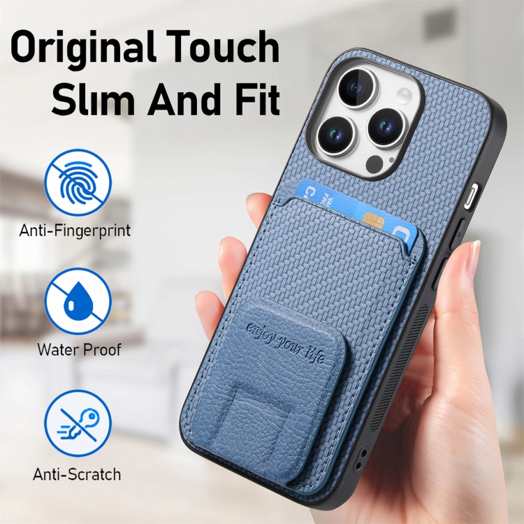 For iPhone 16 Pro Max Carbon Fiber Card Bag Fold Stand Phone Case(Blue)