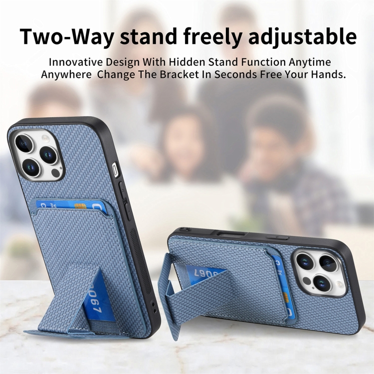 For iPhone 16 Pro Max Carbon Fiber Card Bag Fold Stand Phone Case(Blue)