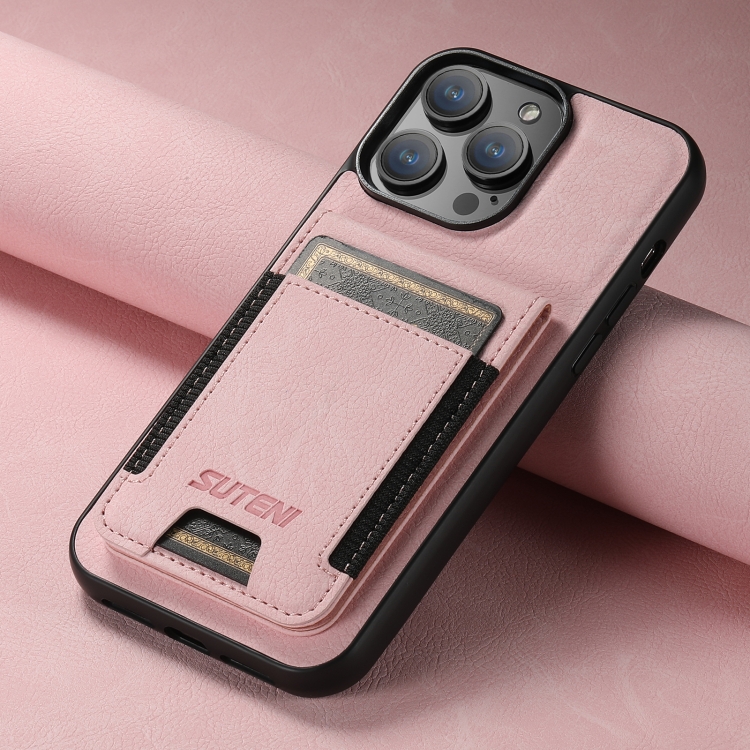 For iPhone 14 Pro Suteni H03 Litchi Leather Card Bag Stand Back Phone Case(Pink) For iPhone 14 Pro Suteni H03 Litchi Leather Card Bag Stand Back Phone Case(Pink)