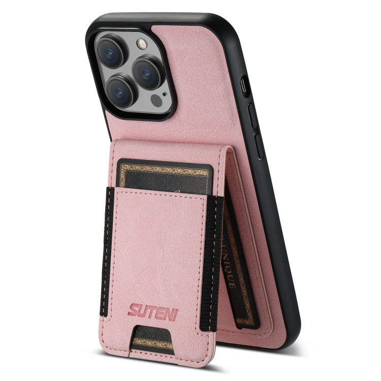 For iPhone 14 Pro Suteni H03 Litchi Leather Card Bag Stand Back Phone Case(Pink) For iPhone 14 Pro Suteni H03 Litchi Leather Card Bag Stand Back Phone Case(Pink)