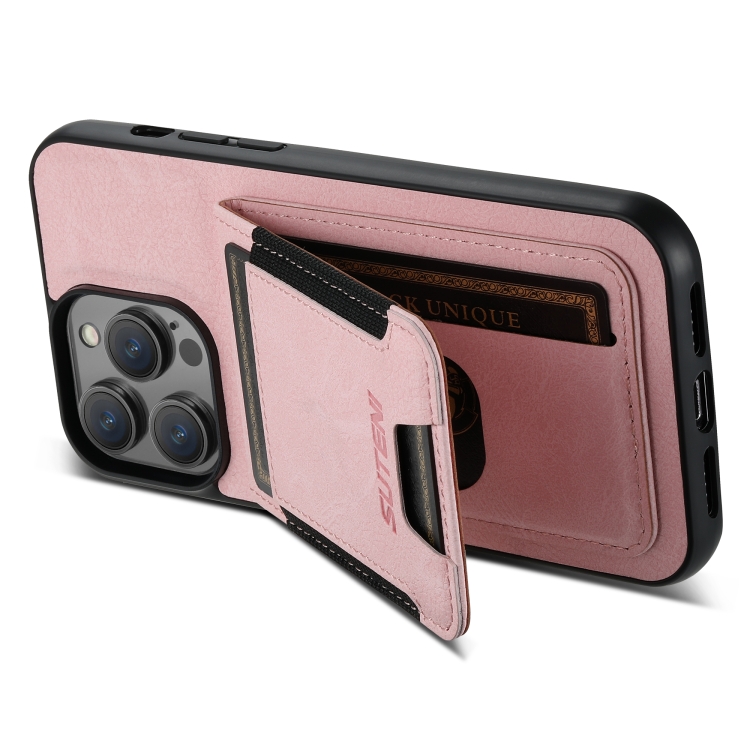 For iPhone 14 Pro Suteni H03 Litchi Leather Card Bag Stand Back Phone Case(Pink) For iPhone 14 Pro Suteni H03 Litchi Leather Card Bag Stand Back Phone Case(Pink)