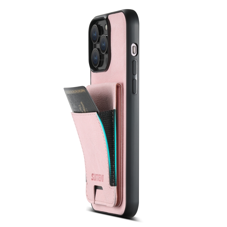 For iPhone 14 Pro Suteni H03 Litchi Leather Card Bag Stand Back Phone Case(Pink) For iPhone 14 Pro Suteni H03 Litchi Leather Card Bag Stand Back Phone Case(Pink)