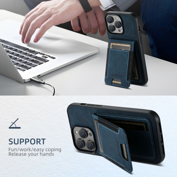 For iPhone 16 Plus Suteni H03 Litchi Leather Card Bag Stand Back Phone Case(Blue) For iPhone 16 Plus Suteni H03 Litchi Leather Card Bag Stand Back Phone Case(Blue)